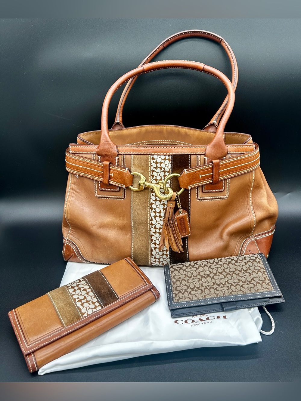Vintage Coach Hamptons Stripe Carryall Purse Tote Bag Camel Tan Matching Wallet